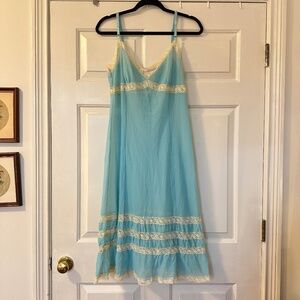 Vintage Y2K Victoria's Secret Teal Blue Sheer Lace Slip Chemise Lingerie Size L